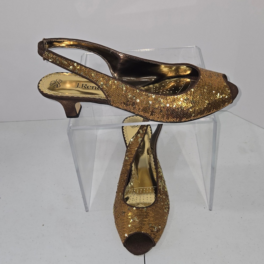 J. Renee Belva Gold Sequin Slingback Pumps Peep Toe Kitten Heel Shoes Mens 12W